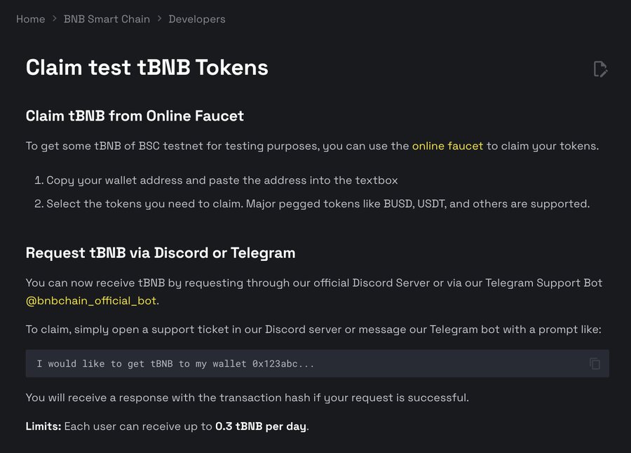 BNB Chain Doc Claim test tBNB Tokens